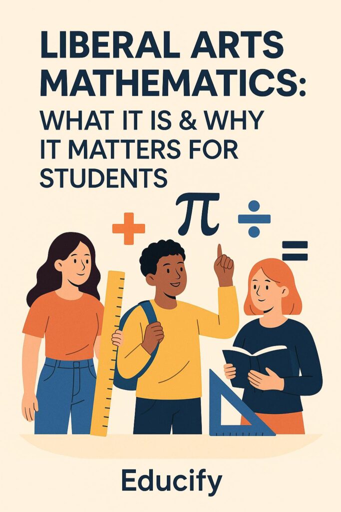 Liberal Arts Mathematics – diverse students engaging with real-world math concepts like budgeting, data analysis, and logic through modern, fun learning platforms